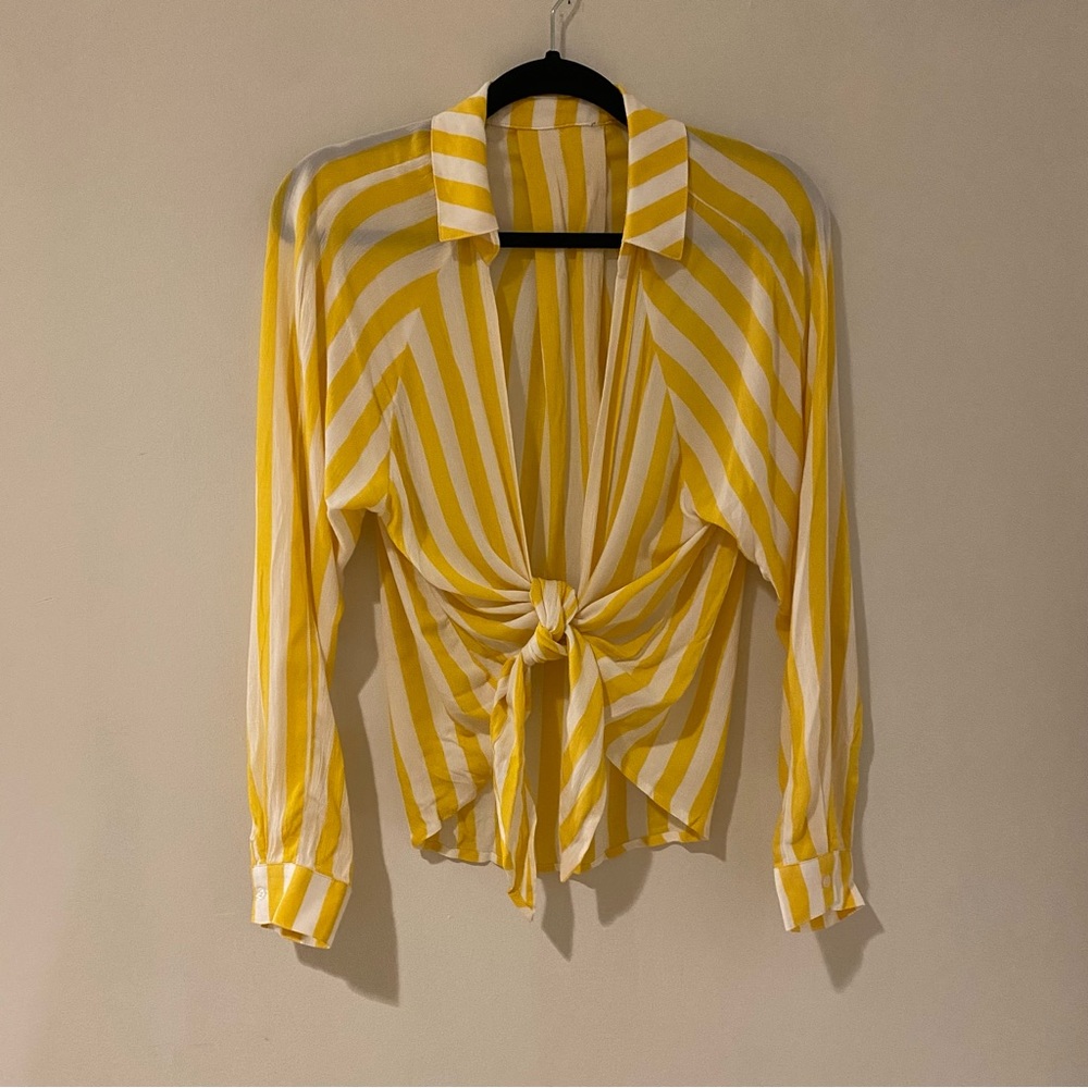 Yellow white stripe beachy self tie blouse size S